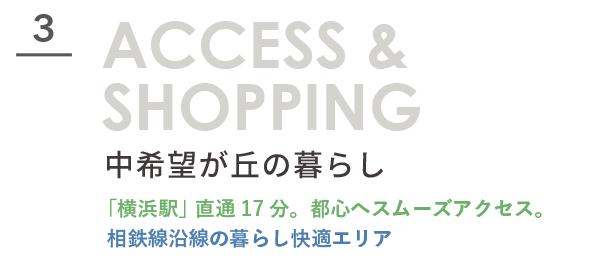 ACCESS & SHOPPING 中希望が丘の暮らし。「横浜駅」直通17分。都心へスムーズアクセス。相鉄線沿線の暮らし快適エリア。