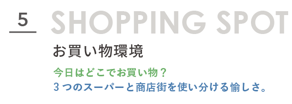 お買い物環境 複数のスーパーや商店街が利用できる中希望が丘の買い物環境。用途に応じて使い分けできる利便性を紹介。