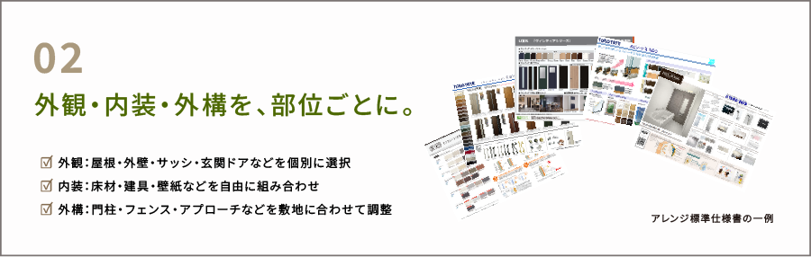 外観・内装・外構を、部位ごとに。☑ 外観：屋根・外壁・サッシ・玄関ドアなどを個別に選択 ☑ 内装：床材・建具・壁紙などを自由に組み合わせ ☑ 外構：門柱・フェンス・アプローチなどを敷地に合わせて調整