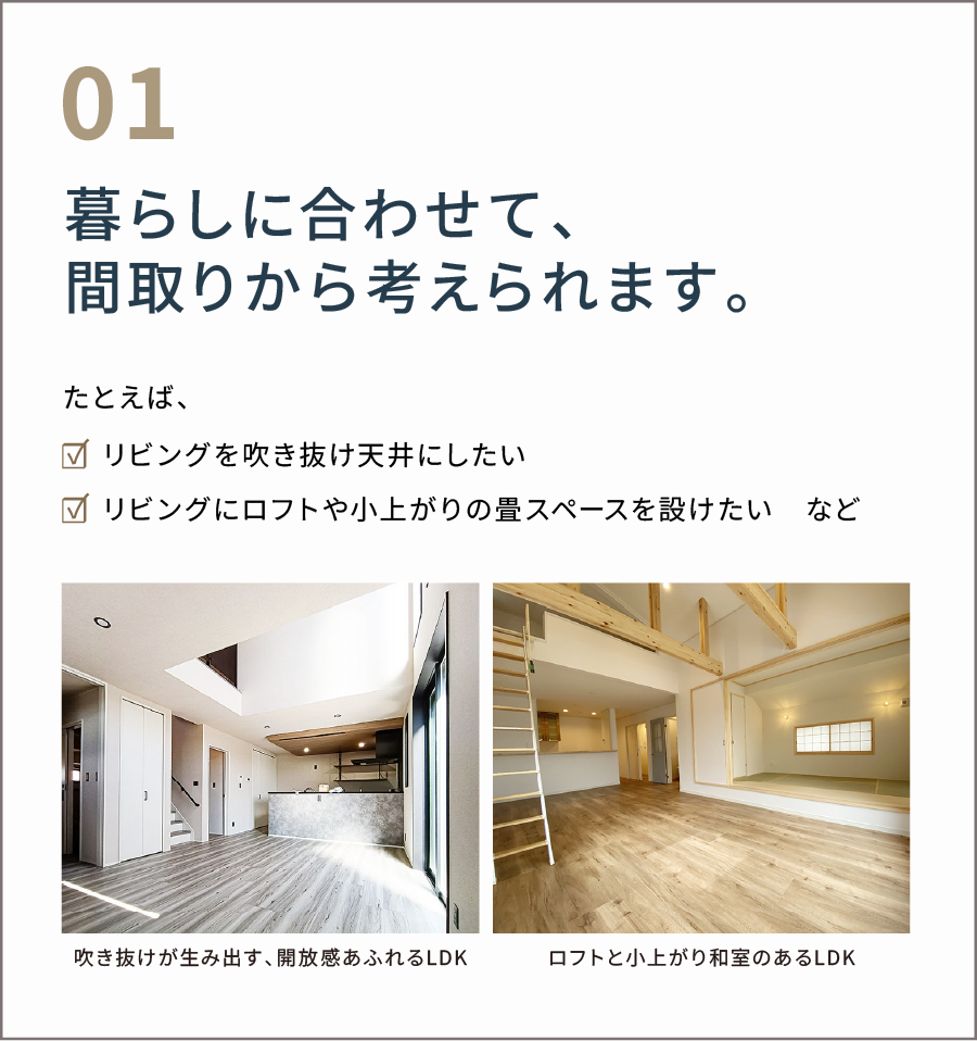 暮らしに合わせて、 間取りから考えられます。 たとえば、 「リビングを吹き抜け天井にしたい リビングにロフトや小上がりの畳スペースを設けたい など