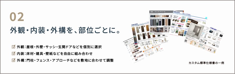 外観·内装·水回り·外構を、部位ごとに。 外観:屋根·外壁·サッシ·玄関ドアなどを個別に選択 内装:床材·建具·壁紙などを自由に組み合わせ 外構:門柱·フェンス·アプローチなどを敷地に合わせて調整