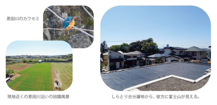 横浜市青葉区しらとり台の自然と暮らしの魅力。恩田川のカワセミ、田園風景、分譲地からの景色を紹介