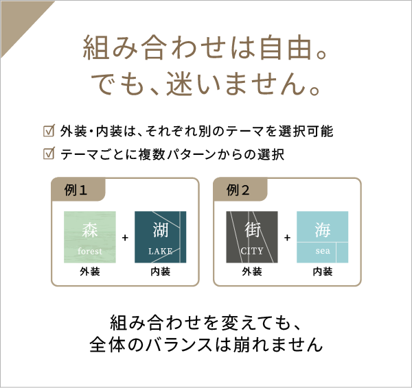 組み合わせは自由。 でも、迷いません。☑ 外装・内装は、それぞれ別のテーマを選択可能 ☑ テーマごとに複数パターンからの選択。組み合わせを変えても、 全体のバランスは崩れません