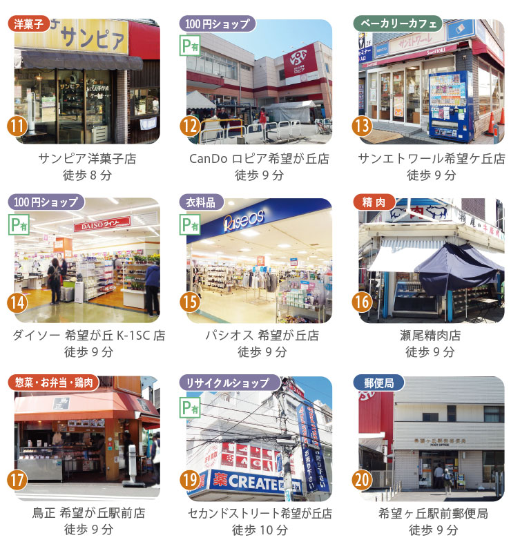 お惣菜からスイーツ、便利な公共施設まで揃う充実の街並み サンピア(洋菓子)、ダイソー・CanDo(100円ショップ)、精肉店、惣菜店、セカンドストリート、郵便局など、日常に彩りと便利さを添えるショップ・施設一覧。