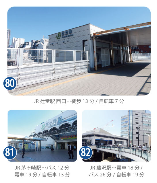 JR辻堂駅 西口…徒歩13分/自転車7分、JR茅ヶ崎駅…バス12分/電車19分/自転車13分、JR藤沢駅…電車18分/バス26分/自転車19分。3駅の駅舎写真。