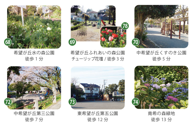 毎日違う公園へ。健やかな成長を育む、緑豊かな遊び場が充実 水の森公園、ふれあいの森公園、くすのき公園など、遊具や花壇が充実した周辺の公園一覧。徒歩1分から13分圏内に、お子様と自然に触れ合えるスポットが点在。