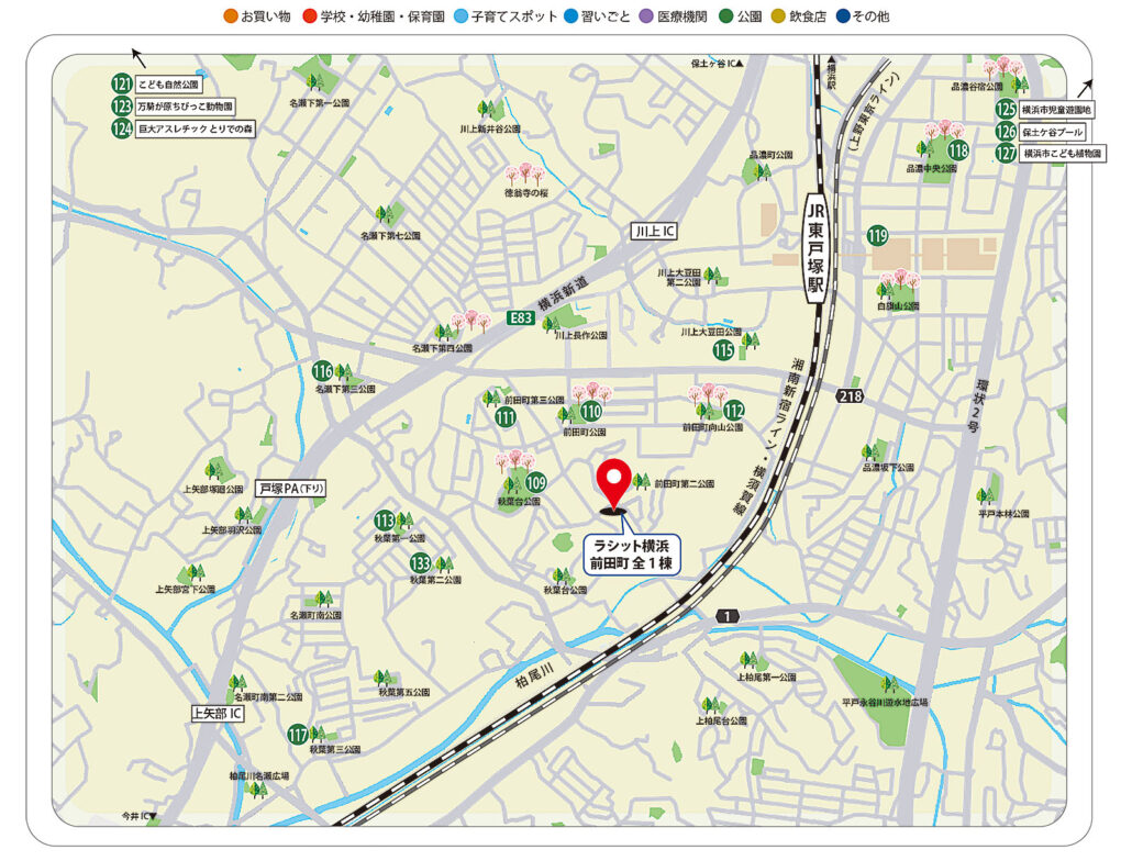 前田町周辺の公園とレジャースポット 前田町周辺の公園とレジャースポットを記したマップ