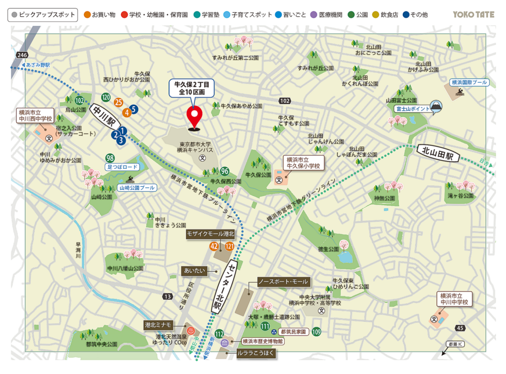 横浜市都筑区牛久保2丁目周辺のピックアップ施設マップ
