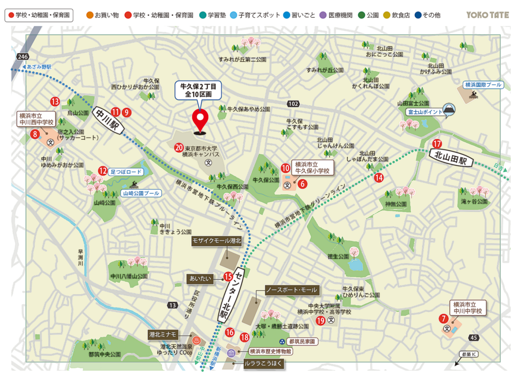 横浜市都筑区 牛久保2丁目周辺の学校幼稚園保育園マップ