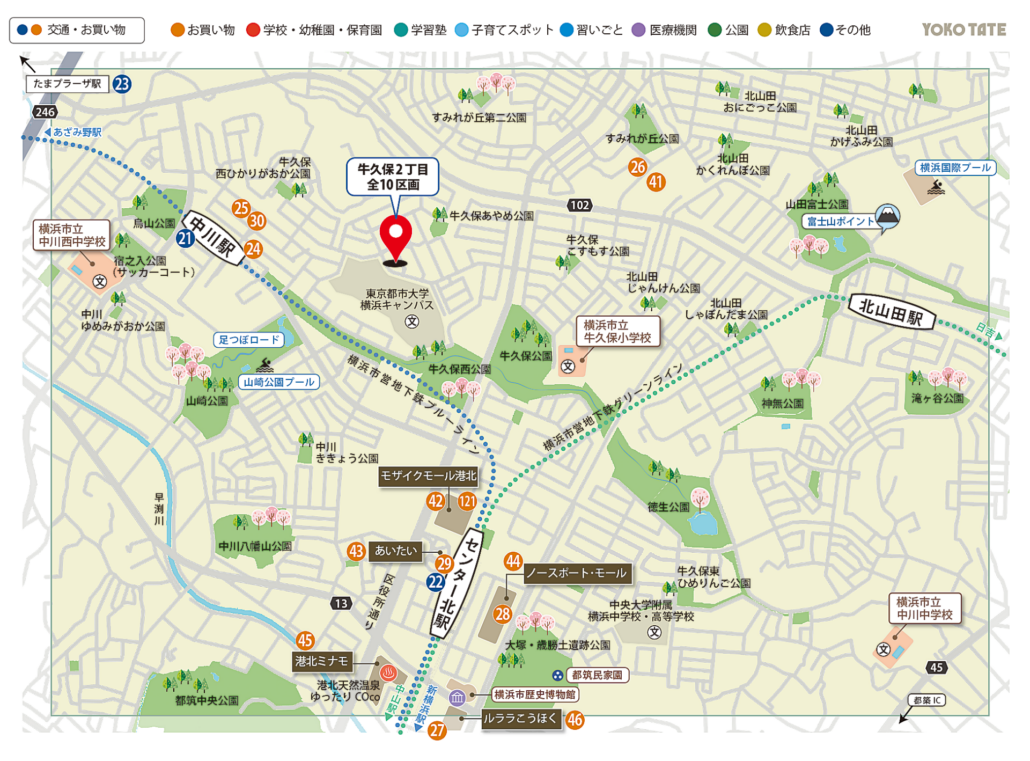 横浜市都筑区牛久保2丁目 全10区画周辺のアクセス・お買い物施設マップ