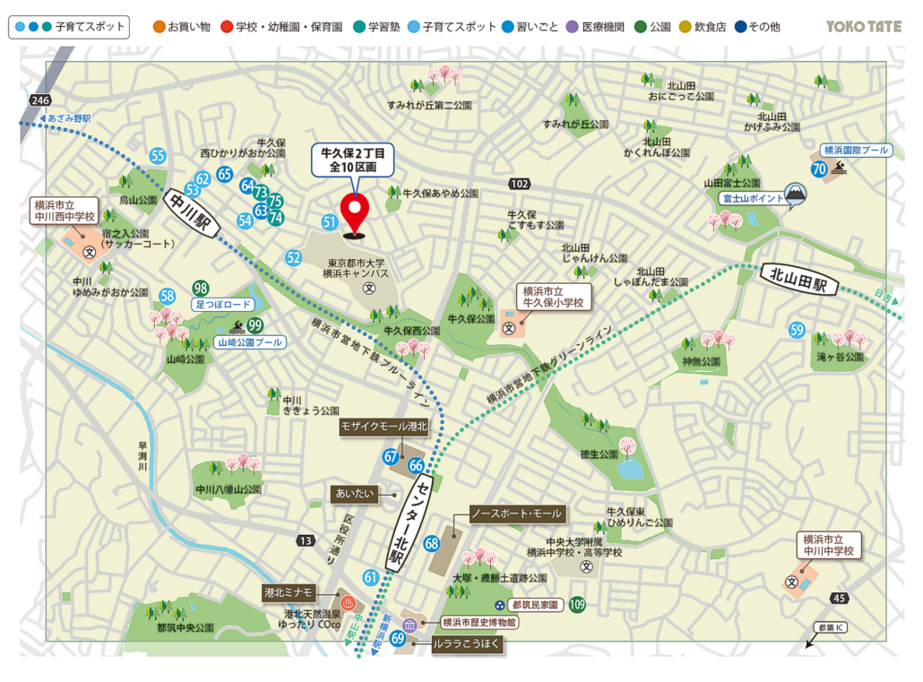 横浜市都筑区牛久保2丁目 全10区画周辺の子育てスポット習いごとマップ
