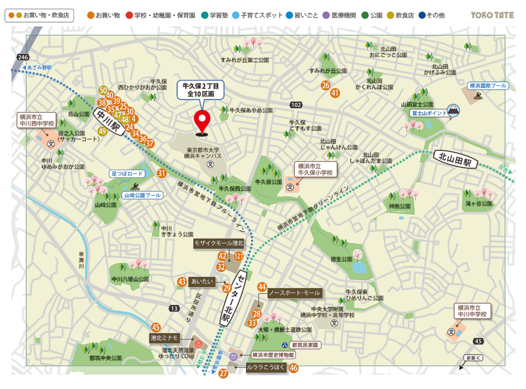 横浜市都筑区牛久保2丁目 全10区画周辺のお買い物施設マップ