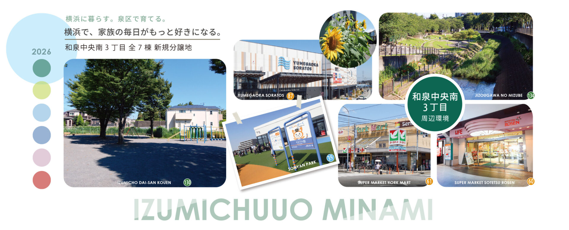 横浜市泉区和泉中央南3丁目の新築分譲地周辺。公園やスーパー、ゆめが丘ソラトス、和泉川の水辺など、家族で暮らしやすい住環境を紹介するPC用ファーストビュー画像。