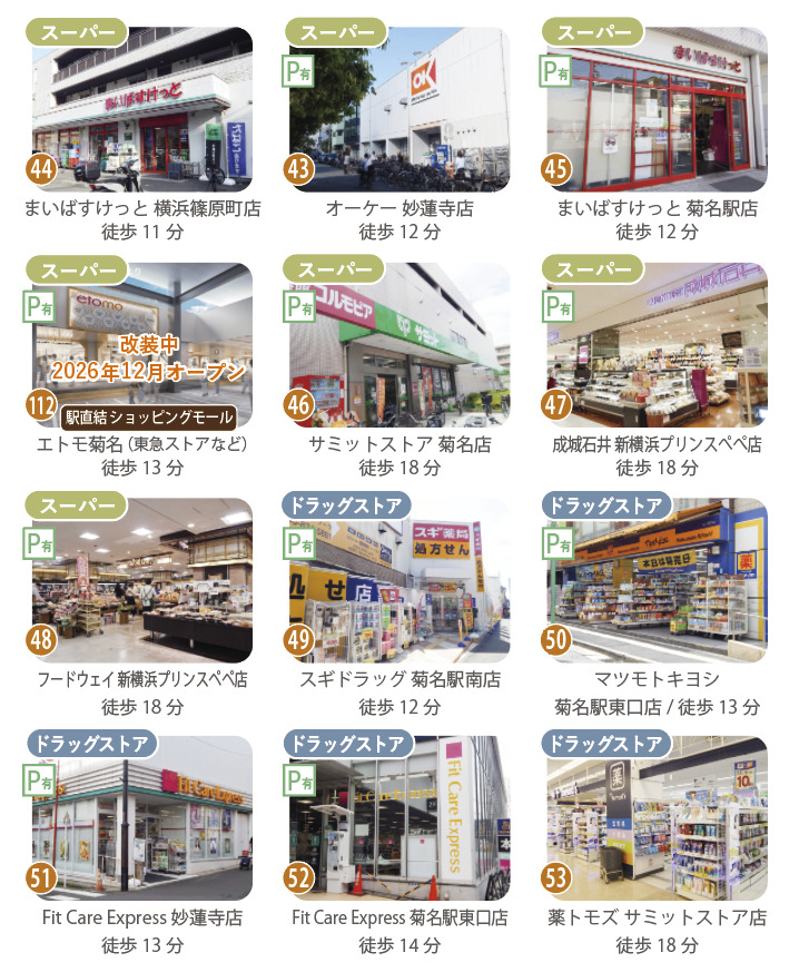 富士塚1丁目のお買い物環境|毎日の暮らしを支える便利な施設 富士塚1丁目周辺のスーパーやドラッグストアを紹介する生活利便施設画像