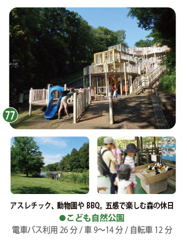 アスレチックに動物園!家族の思い出がどんどん増える広大な森の公園 広大な敷地を誇るこども自然公園。大型のアスレチック遊具「とりでの森」や、モルモットなどの小動物と触れ合える「ちびっこ動物園」、BBQ広場など、親子で一日中楽しめる横浜市内有数の公園。