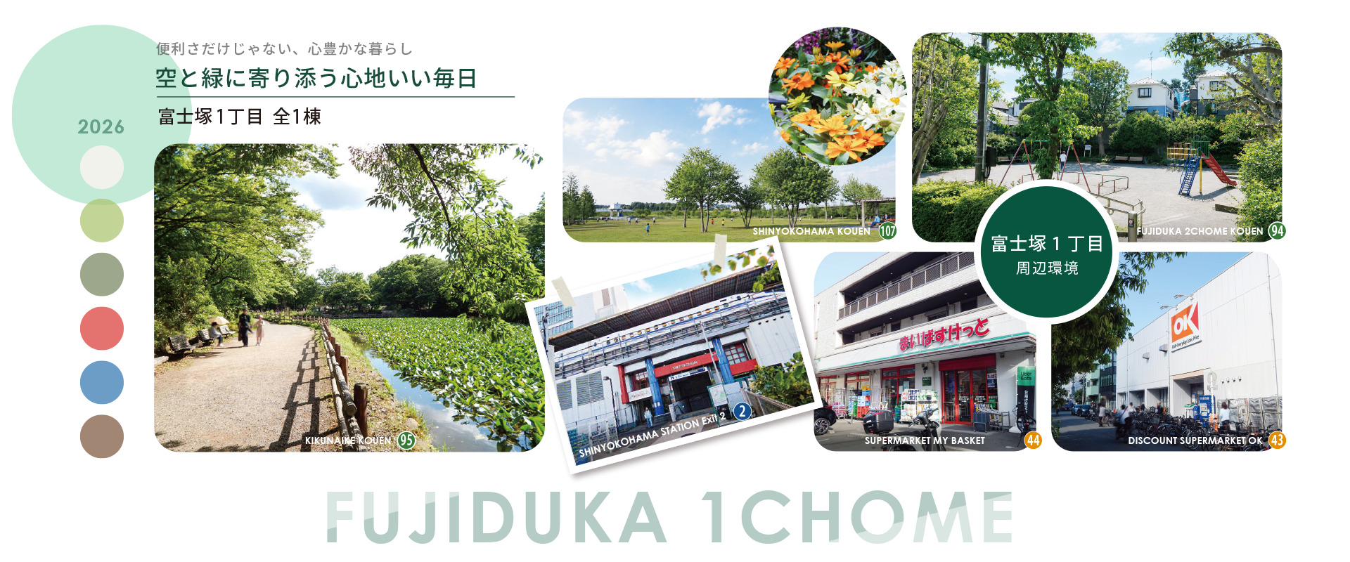 港北区富士塚1丁目の周辺環境を紹介するファーストビュー画像。菊名池公園や新横浜公園、富士塚二丁目公園、新横浜駅、スーパーなど自然と利便性を感じられる街の魅力を掲載