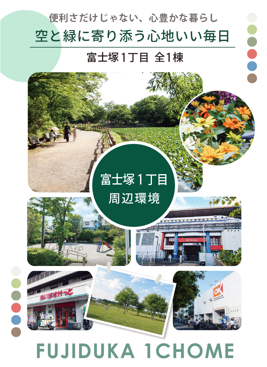港北区富士塚1丁目の周辺環境を紹介するスマホ用ファーストビュー画像。菊名池公園や富士塚二丁目公園、新横浜公園、駅、スーパーなど自然と暮らしやすさを感じられる環境を紹介