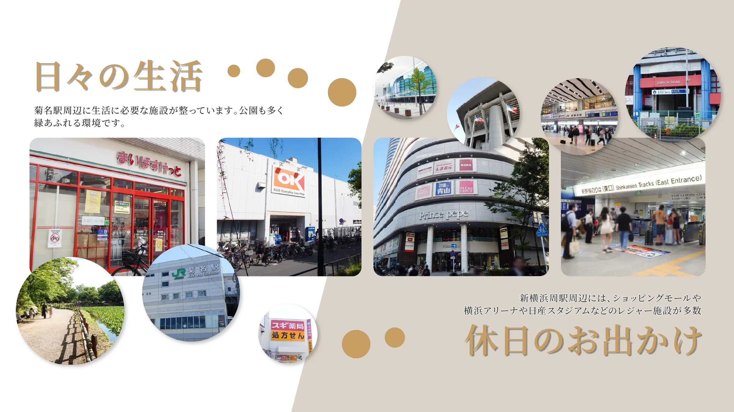 日々の生活：菊名駅周辺に生活に必要な施設が整っています。公園も多く緑あふれる環境です。｜休日のお出かけ：新横浜周駅周辺には、ショッピングモールや横浜アリーナや日産スタジアムなどのレジャー施設が多数