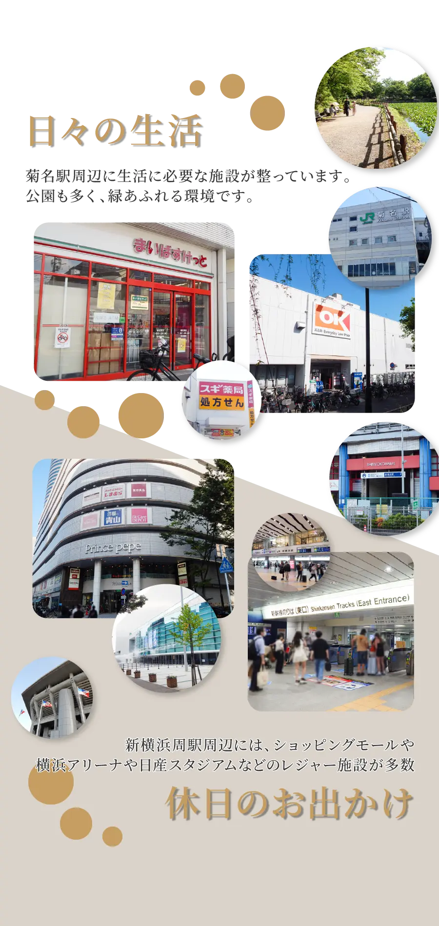 日々の生活：菊名駅周辺に生活に必要な施設が整っています。公園も多く緑あふれる環境です。｜休日のお出かけ：新横浜周駅周辺には、ショッピングモールや横浜アリーナや日産スタジアムなどのレジャー施設が多数