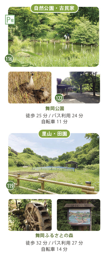 下倉田町周辺の自然公園。自然公園・古民家のある舞岡公園（徒歩25分/バス24分/自転車11分）、里山・田園風景が広がる舞岡ふるさとの森（徒歩32分/バス27分/自転車14分）。緑豊かな自然の中で、家族でゆったり過ごせるスポットです。