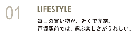 小見出し「01 LIFESTYLE 毎日の買い物が、近くで完結。戸塚駅前では、選ぶ楽しさがうれしい。」。スーパーなかや戸塚店やハックドラッグ戸塚店、トツカーナなど、買い物環境を紹介するセクションの見出しです。