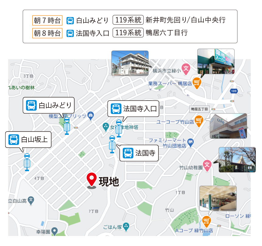 徒歩5分の場所に、バス停が4ヶ所 鴨居駅まで乗車7分 横浜建物