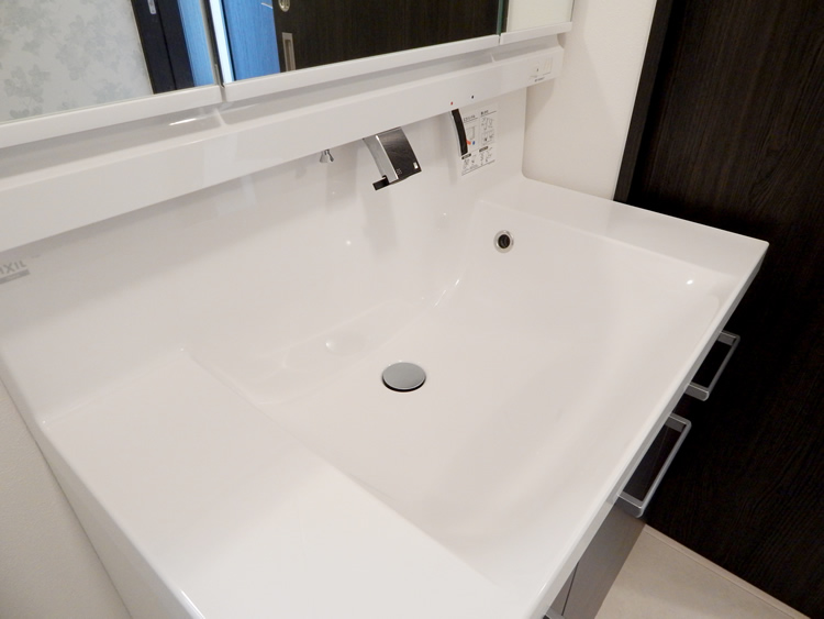 （洗面化粧台シンク）髪のお手入れもできるゆとりのシャワー付きシンク。