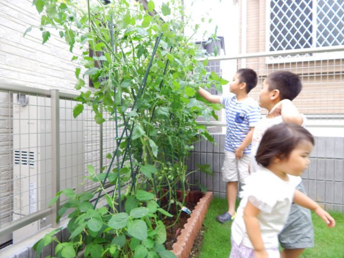 セミオーダー住宅・エクステリアの施工事例。お庭に家庭菜園を作ったお客様宅。お子様たちも野菜の収穫を楽しみにしています。