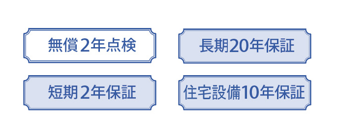 無償2年点検 短期2年保証 長期20年保証 住宅設備10年保証 無償2年点検 短期2年保証 長期20年保証 住宅設備10年保証